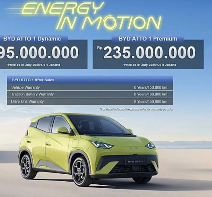 Harga BYD Atto 1 Mulai Rp 195 Juta, Dapat Garansi Baterai Berapa Lama?
