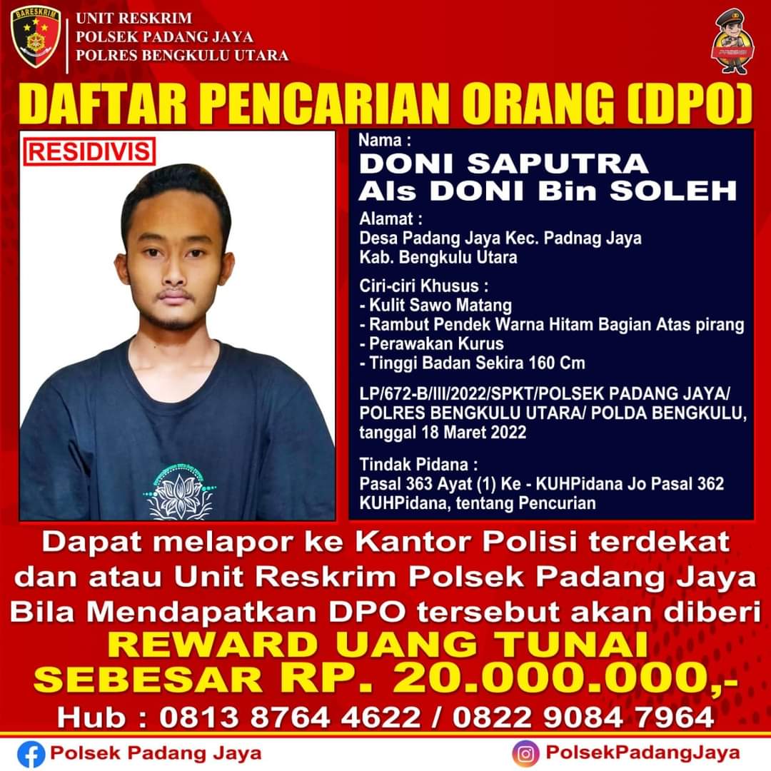 Bisa Tangkap DPO Pencurian Ini, Polsek Padang Jaya Hadiahi Uang Senilai Rp20 Juta 