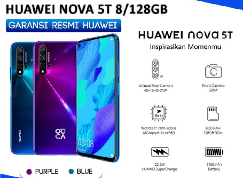 Huawei Nova 5T Smartphone Dengan Kamera Belakang 48 MP