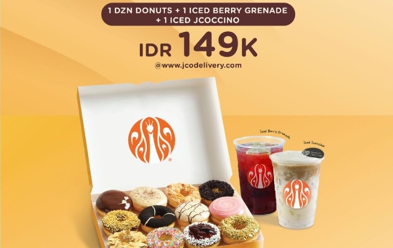 Promo JCO Oktober 2023: 1 Lusin Donuts + Iced Jcoccino + Berry Grenade Hanya Rp149.000