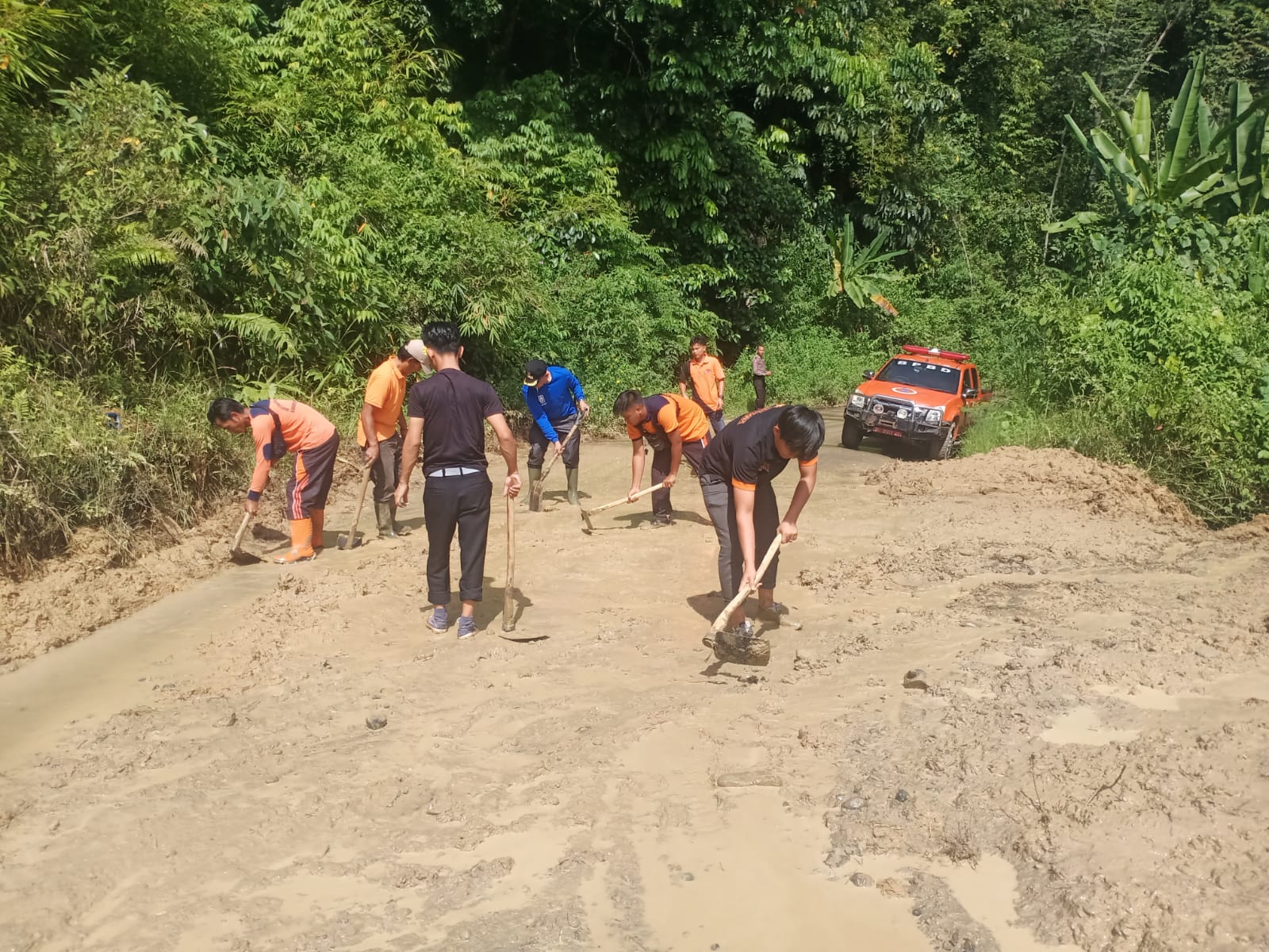BPBD Lebong Turun Tangan Bersihkan Jalan Provinsi yang Terkena Longsor