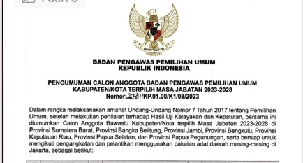 Pengumuman! 3 Besar Komisioner Bawaslu Lebong Terpilih & 9 Kabupaten/Kota di Provinsi Bengkulu 