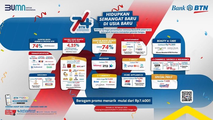 HUT ke 74: BTN Berikan Segudang Promo Diskon Serba 74, Apa Saja, Cek Disini!