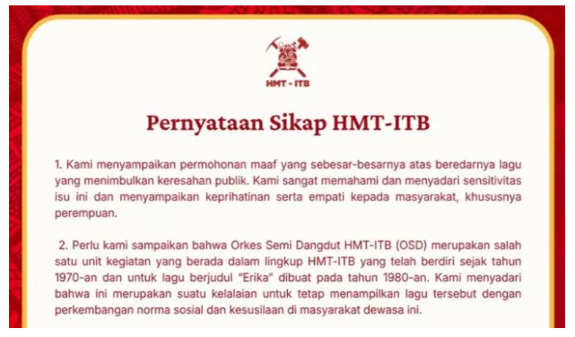 HMT ITB Meminta Maaf Terkait Viral Video Lagu 'Erika' dengan Lirik Vulgar