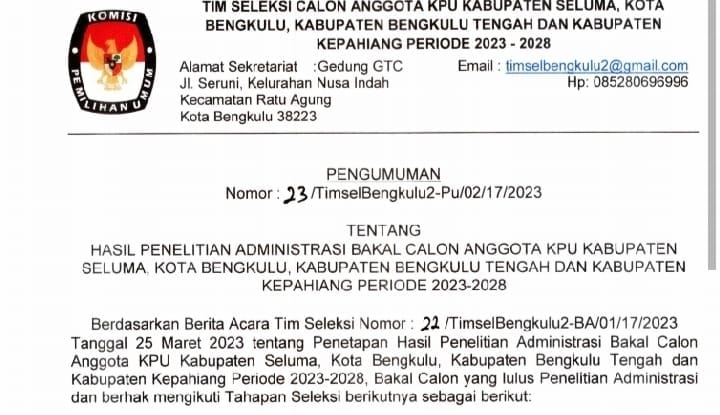 Hasil Seleksi Administrasi Calon Komisioner KPU Lebong Diumumkan, 4 Komisioner 1 Incumbent Ikut Bertarung