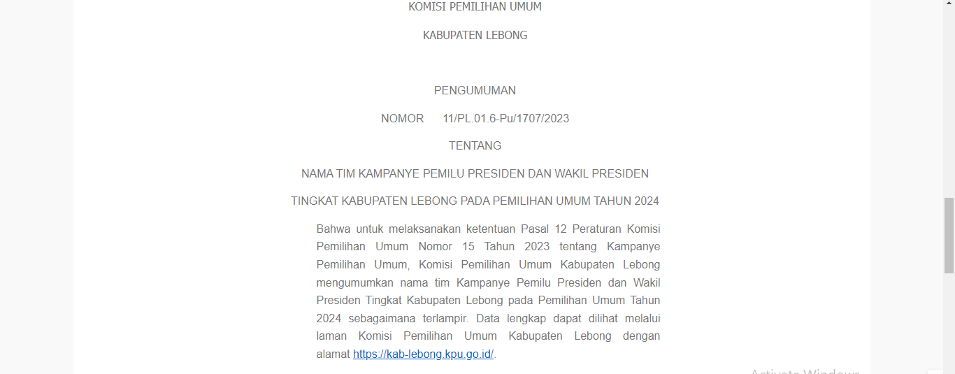 PENGUMUMAN, DOWNLOAD PDF Nama Tim Kampanye Pemilu Presiden dan Wakil Presiden di Lebong, LENGKAP!