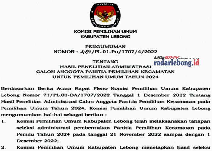 Hasil Seleksi Administrasi PPK Pemilu 2024 Kabupaten Lebong, Cek Lokasi Seleksi Tertulis Disini