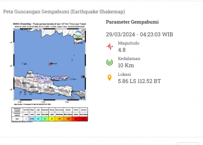 Gempa Hari Ini, Jelang Sahur Tuban Kembali Diguncang Gempa 4.8 M 