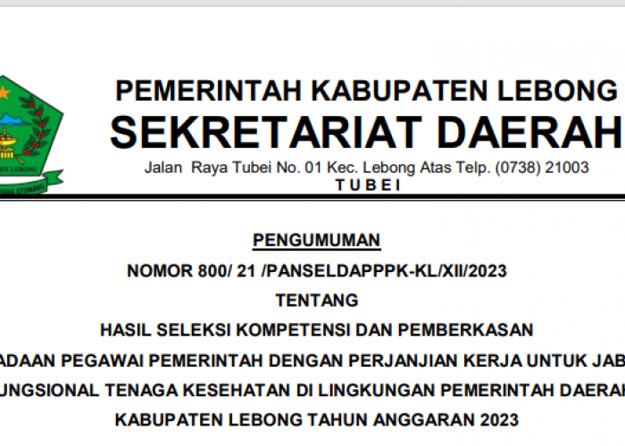 Pengumuman Kelulusan PPPK Kesehatan 2023 Kabupaten Lebong, PPPK Guru Diundur 